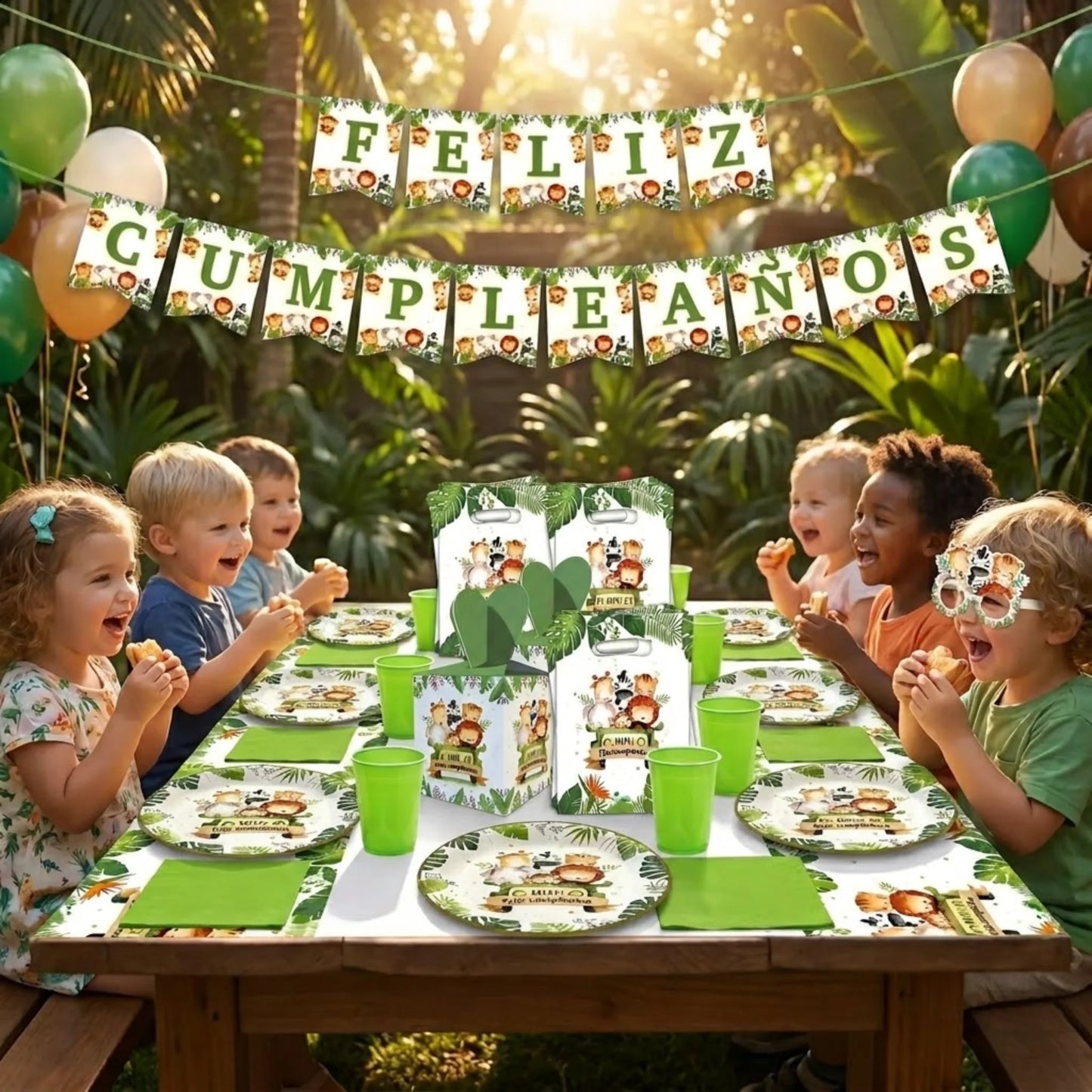 Kit de Cumpleaños Safari 57 Piezas | Decoración Completa para 10 Niños
