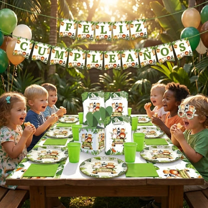 Kit de Cumpleaños Safari 57 Piezas | Decoración Completa para 10 Niños