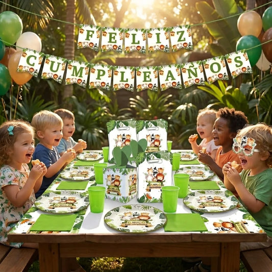 Kit de Cumpleaños Safari 57 Piezas | Decoración Completa para 10 Niños