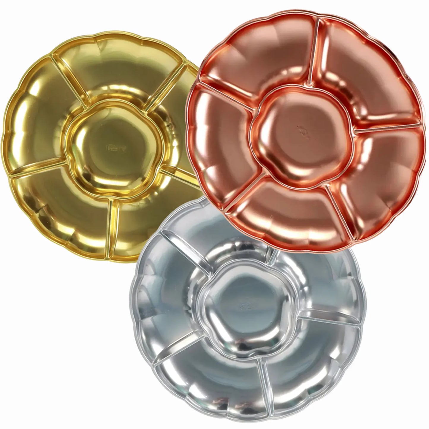 Set 3 Bandejas Redondas Metalizadas estilo flor - 30cm - Dorada, Plateado, Rosa Oro