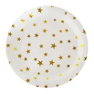 Platos de carton, Blanco Con Estrellas Doradas, 18 cms