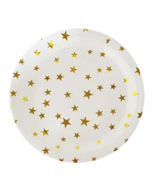 Platos de carton, Blanco Con Estrellas Doradas, 23 cms