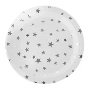 Platos de carton, Blanco Con Estrellas Plateadas, 23 cms