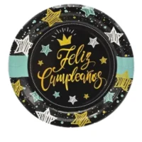 Plato de cartón Feliz Cumpleaños, Negro con Azul