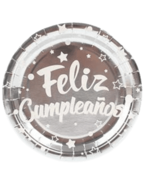 Plato de Cartón Plateados Feliz Cumpleaños, 6 piezas, 18cms