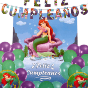 Pack Guirnalda, fondo y globos de la Sirenita Ariel. 31 piezas