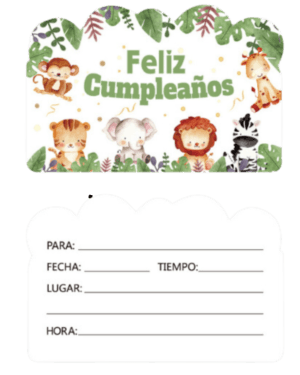 Tarjetas de invitación, animalitos de la selva, safari. 8 piezas