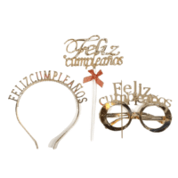 Set Cintillo Lentes y Topper Feliz Cumpleaños Dorado, Cotillon Cumpleañero
