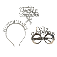 Set Cintillo Lentes y Topper Feliz Cumpleaños Plateado, Cotillon Cumpleañero