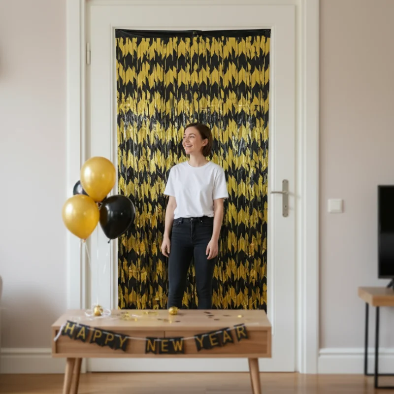 Cortina metalizada dorado y negro 1×2 m - Imagen 2