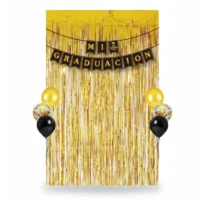 Set decoración Graduación — Cortina dorada 1×2 m + Guirnalda + Globos (pack comp